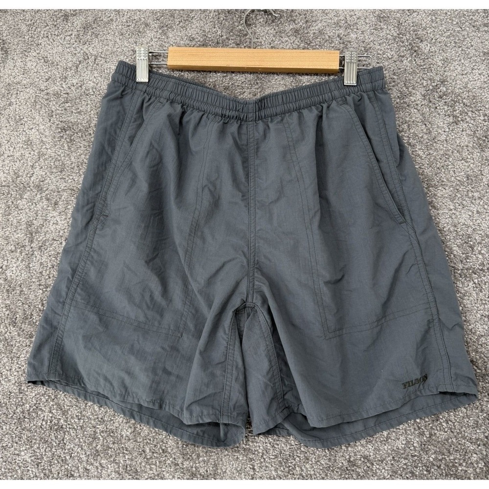 Filson Men's Medium Gray Nylon Swim Trunks Mesh Lined Drawstring Outdoor Shorts